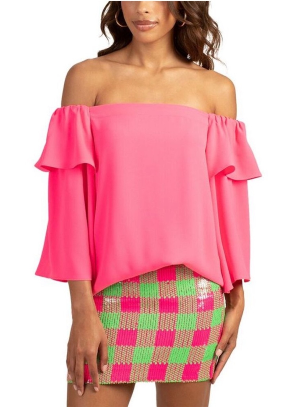 Trina Turk Hot Pink Off-Shoulder Ruffle Sleeve Excited Top Sz. S
